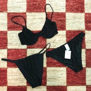 3 Piece Good American Black Jacquard Bikini Perfect Fit 2 Bottoms M /Top S